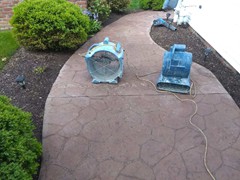 Before and after pictures of a stamped concrete sidewalk we power washed to properly clean and stain brown.